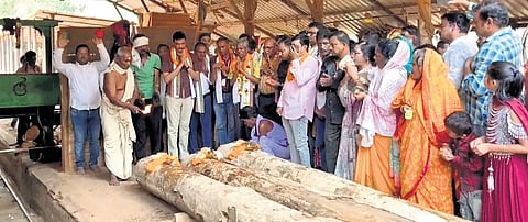 Rituals being conducted before cutting of the logs in Cuttack  on Friday 
