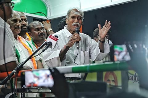 Founder of AINRC, N Rangasamy, during his election campaign in the Thattanchavady constituency.