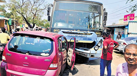 The police said no passenger on the bus was injured; the front portion of the bus got damaged in the accident 