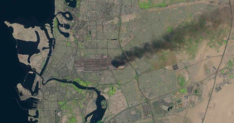 This satellite image taken by a US Geological Survey Landsat satellite shows the fire after an Iranian drone attack targeting Dubai, United Arab Emirates, Monday, March 16, 2026.