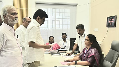 Chief Minister MK Stalin files his nomination papers with the Returning officer S Shanti for Kolattur Assembly Constituency, on Monday in Chennai.