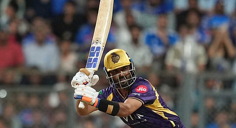 Kolkata Knight Riders' captain Ajinkya Rahane plays a shot during the Indian Premier League cricket match between Mumbai Indians and Kolkata Knight Riders in Mumbai, India, Sunday, March 29, 2026.