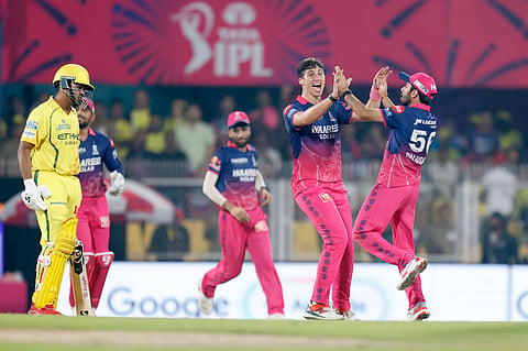 RR players celebrate the wicket of Ayush Mhatre (L)
