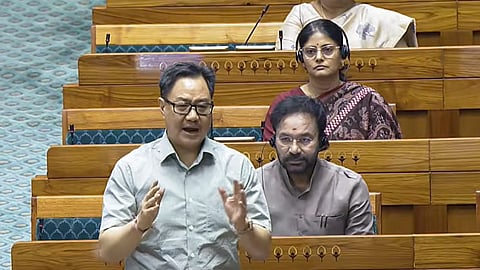Union Minister for Parliamentary Affairs Kiren Rijiju speaks in the Lok Sabha.