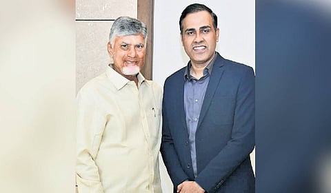 OPPO MD Tasleem Arif meets CM Chandrababu Naidu and donates Rs 50.59 lakh towards P4 Foundation on Tuesday (R)  Naidu at a review meeting on Sanjeevani.