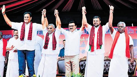 Chief Minister M K Stalin canvassing votes for candidates of the the Secular Progressive Alliance in Tiruvarur on Tuesday.