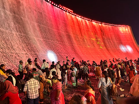 Summer expo with a giant waterfall