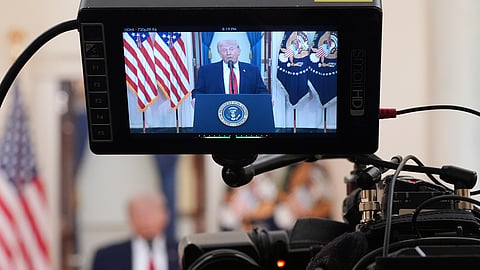 US President Donald Trump speaks about the Iran war from the Cross Hall of the White House on Wednesday, April 1, 2026, in Washington.