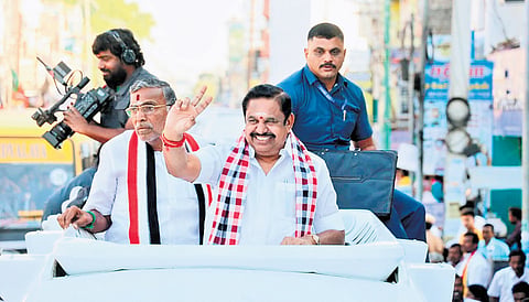 AIADMK general secretary Edappadi K Palaniswami along with K P Anbalagan during his campaign tour in Dharmapuri on Thursday 