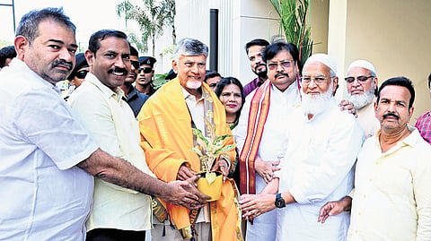 CM Naidu arrives to a tumultuous welcome at TDP central office on Friday 