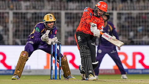 Sunrisers Hyderabad's Abhishek Sharma, right, plays a shot during the IPL 2026 cricket match between KKR and Sunrisers Hyderabad, at Eden Gardens in Kolkata, West Bengal, Thursday, April 2, 2026.