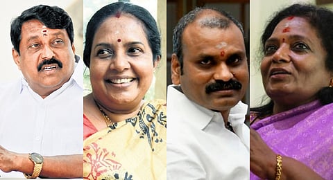 From left to right: BJP state president Nainar Nagendran,  BJP national Mahila Morcha president Vanathi Srinivasan, Union minister L Murugan, and former Telangana governor Tamilisai Soundararajan.