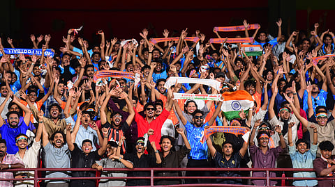 Indian team fans celebrating their Victory against Hong Kong during the in the    AFC Asian Cup 2027 Qualifying Final Round match held at Jawaharlal Nehru International Stadium, Kaloor in Kochi on Tuesday.