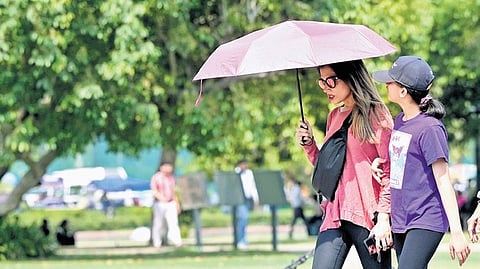A woman uses an umbrella to protect herself from sun stroke on a hot summer day in New Delhi on Thursday.