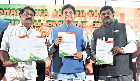 Union Minister Piyush Goyal and other BJP leaders releasing the white paper on ‘Tamil Nadu’s finances’ 