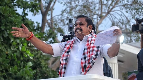 In this photo from March 5, 2026, AIADMK general secretary Edappadi K Palaniswami addresses an election campaign rally in Villupuram.