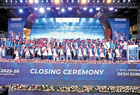 Participants of the IndiaSkills 2025-26 posing for a photograph on the closing ceremony of the event on Saturday 
