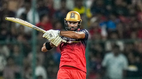RCB's Devdutt Padikkal plays a shot during an IPL 2026 T20 cricket match between Royal Challengers Bengaluru and Chennai Super Kings, in Bengaluru, Karnataka, Sunday, April 5, 2026. 