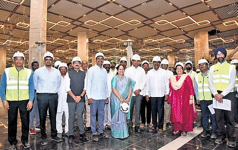 Roads and Buildings Minister B C Janardhan Reddy inspects works at Alluri Sitarama Raju Bhogapuram International Airport in Vizianagaram district on Sunday 