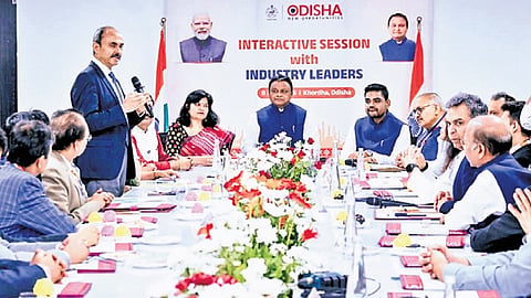 CM Mohan Charan Majhi chairing the roundtable with investors and industry leaders. Also present are Industries minister Sampad Chandra Swain, Bhubaneswar MP Aparajita Sarangi | Express