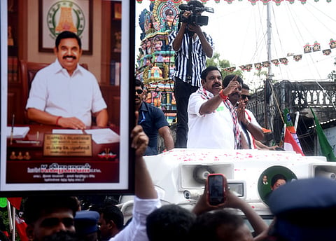 AIADMK general secretary Edapaddi K Palanisamy during an election campaign in the Velachery constituency. 