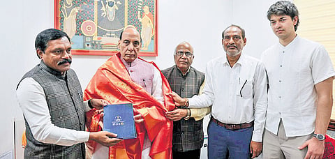 Dr P Venkata Lakshmaiah, Chairman of State Veterinary Council, CL Venkata Rao, former chairman of Swachh Andhra met Defence Minister Rajnath Singh 