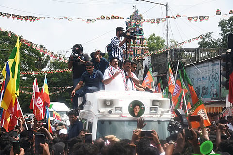 AIADMK general secretary Edapaddi K palanisamy campaigns for Velachery constituency candidate MK Ashok at Velachery during the election campaign on Wednesday. 