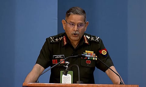 Army Chief Gen Upendra Dwivedi speaking at Ran Samvad Tri Services Dialogue held in Bengaluru on Thursday. 