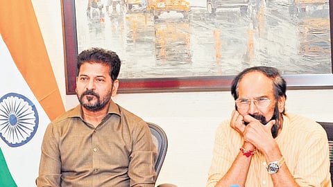 Chief Minister A Revanth Reddy chairs a review meeting on Kaleshwaram project along with Irrigation Minister Uttam Kumar Reddy in Hyderabad on Thursday 