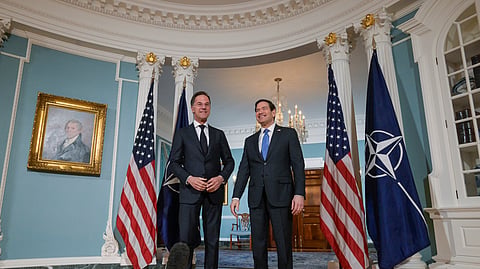Secretary of State Marco Rubio, right, is joined by NATO Secretary General Mark Rutte, left, for a photo opportunity at the State Department, Wednesday, April 8, 2026, in Washington.