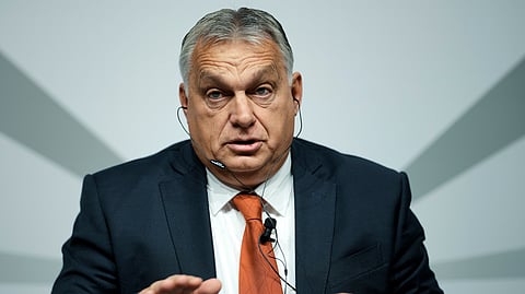Hungarian Prime Minister Viktor Orban speaks during a panel discussion organised by publishing houses about 'Storm over Europe – the Ukraine war, the energy crisis and geopolitical challenges' in Berlin, Germany, Oct. 11, 2022. 