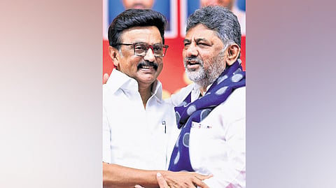 Chief Minister MK Stalin and K’taka dyCM DK Shivakumar at a campaign rally in Chengalpattu 