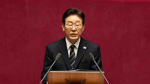 South Korean President Lee Jae Myung gives a speech at the National Assembly in Seoul Thursday, April 2, 2026. 