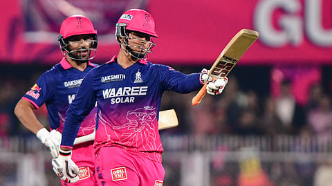 ajasthan Royals' Vaibhav Sooryavanshi celebrates his half-century during the Indian Premier League (IPL) 2026 T20 cricket match between Rajasthan Royals and Royal Challengers Bengaluru, in Guwahati, Friday, April 10, 2026. 