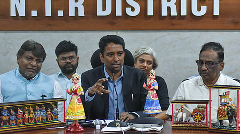 NTR District Collector G Lakshmisha addressing the media in Vijayawada 
on Friday.