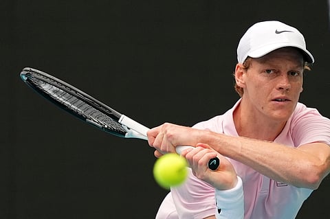 Jannik Sinner of Italy returns a ball against Jiri Lehecka of the Czech Republic in the men's singles final at the Miami Open tennis tournament, Sunday, March 29, 2026, in Miami Gardens, Fla.