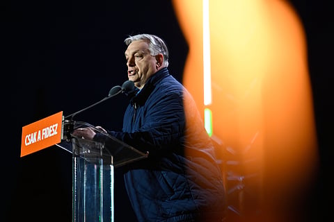 Hungary's Prime Minister Viktor Orban attends the electoral campaign closing rally of the governing Fidesz in Budapest, Hungary, Saturday, April 11, 2026.