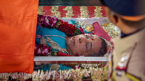 Mortal remains of singer Asha Bhosle during a public viewing, in Mumbai, Monday, April 13, 2026. 