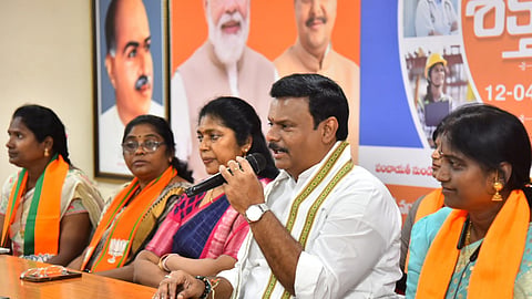 BJP state president PVN Madhav addressing the media on Sunday. 