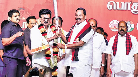Chief Minister MK Stalin canvassing for DMK-led alliance candidates in Ranipet on Monday 