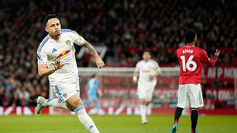 Leeds' Noah Okafor celebrates after scoring during the Premier League football match between Manchester United and Leeds in Manchester, England, Monday, April 13, 2026.
