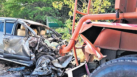 The mangled remains of the car that met with an accident at M Kottur junction on  Thoothukudi-Madurai National Highway on Monday