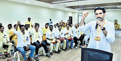 Minister for HRD and IT Nara Lokesh addressing a meeting of TDP cluster-incharges  at the TDP headquarters in Mangalagiri on Tuesday 