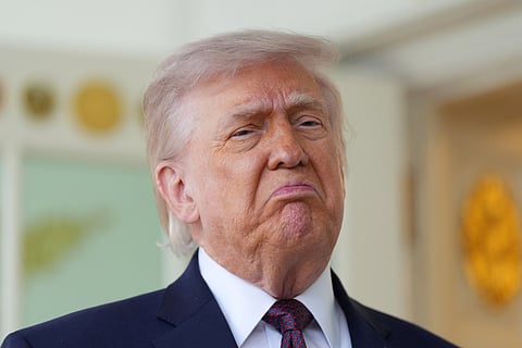 President Donald Trump speaks outside the Oval Office of the White House, Monday, April 13, 2026, in Washington. 