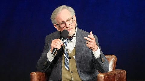 Steven Spielberg speaks during the Universal Pictures and Focus Features presentation at CinemaCon on Wednesday, April 15, 2026, at Caesars Palace in Las Vegas. 