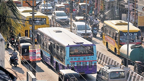 Traffic snarls on the narrow MTH road at Thirumullaivoyal in Chennai.