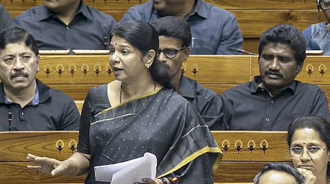 DMK MP Kanimozhi Karunanidhi speaks in the Lok Sabha.