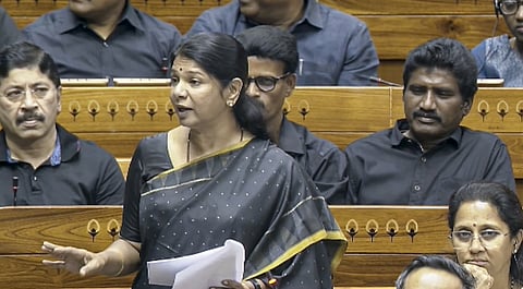 DMK MP Kanimozhi Karunanidhi speaks in the Lok Sabha.