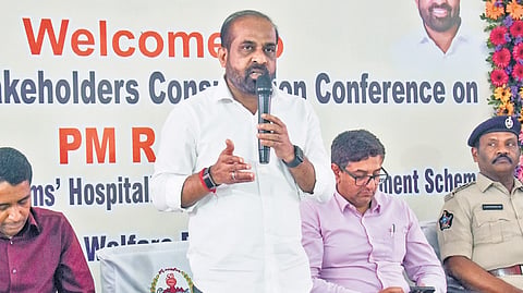 Health Minister Y Satya Kumar Yadav during the State level stakeholders conference on PM RAHAT at NTR Health University in Vijayawada 