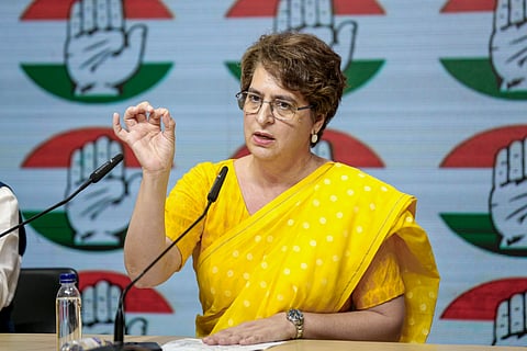 General Secretary of the All India Congress Committee (AICC) Priyanka Gandhi Vadra addresses a press conference at the partys headquarters, in New Delhi, Saturday, April 18, 2026